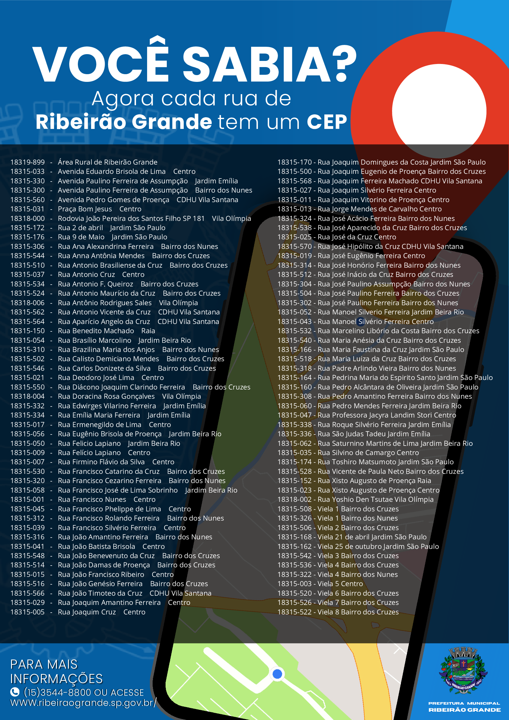  Atenção, população de Ribeirão Grande-SP! Mudança nos CEPs das ruas do nosso município