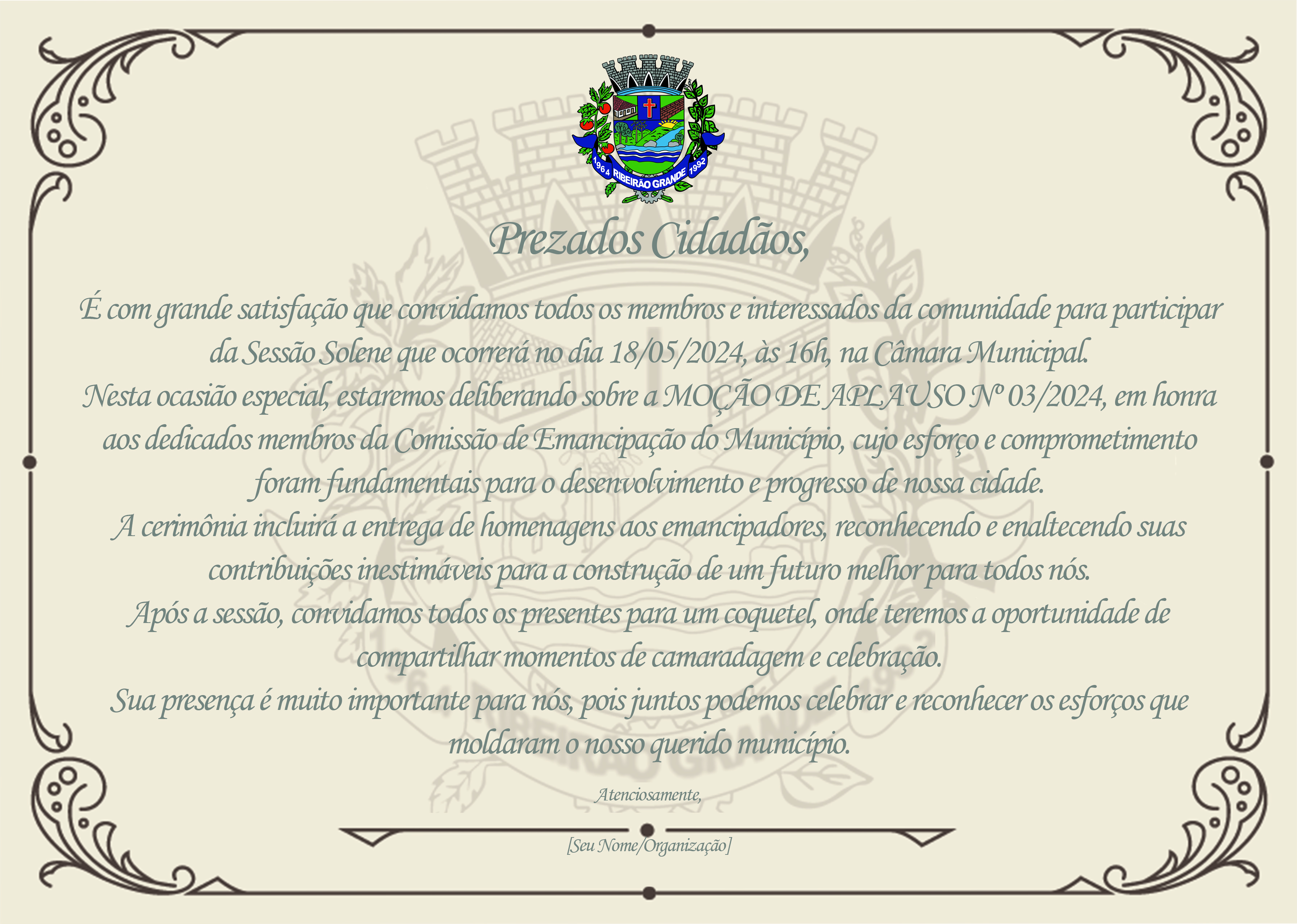 Sessão Solene que ocorrerá no dia 18/05/2024, às 16h, na Câmara Municipal